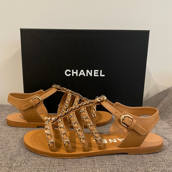 Chanel Light Brown Gladiator Sandals with Gold Chains - Picture 4 of 11